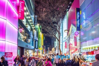 Seoul - March 20: Myeong-dong Market Is Large Shopping Street In Seoul.photo Taken On March 20,2016 In Seoul,south Korea Stock Photo