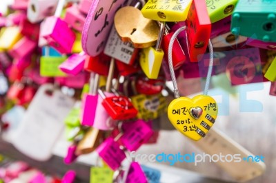 Seoul - March 28 : Love Padlocks At N Seoul Tower Or Locks Of Love Is A Custom In Some Cultures Which Symbolize Their Love Will Be Locked Forever At Seoul Tower On March 28,2015 In Seoul,korea Stock Photo