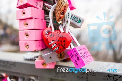 Seoul - March 28 : Love Padlocks At N Seoul Tower Or Locks Of Love Is A Custom In Some Cultures Which Symbolize Their Love Will Be Locked Forever At Seoul Tower On March 28,2015 In Seoul,korea Stock Photo