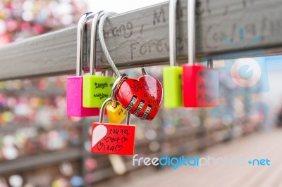 Seoul - March 28 : Love Padlocks At N Seoul Tower Or Locks Of Love Is A Custom In Some Cultures Which Symbolize Their Love Will Be Locked Forever At Seoul Tower On March 28,2015 In Seoul,korea Stock Photo