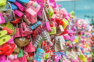 Seoul - March 28 : Love Padlocks At N Seoul Tower Or Locks Of Love Is A Custom In Some Cultures Which Symbolize Their Love Will Be Locked Forever At Seoul Tower On March 28,2015 In Seoul,korea Stock Photo