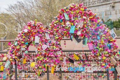 Seoul - March 28 : Love Padlocks At N Seoul Tower Or Locks Of Love Is A Custom In Some Cultures Which Symbolize Their Love Will Be Locked Forever At Seoul Tower On March 28,2015 In Seoul,korea Stock Photo