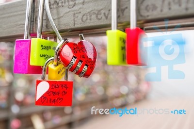 Seoul - March 28 : Love Padlocks At N Seoul Tower Or Locks Of Love Is A Custom In Some Cultures Which Symbolize Their Love Will Be Locked Forever At Seoul Tower On March 28,2015 In Seoul,korea Stock Photo