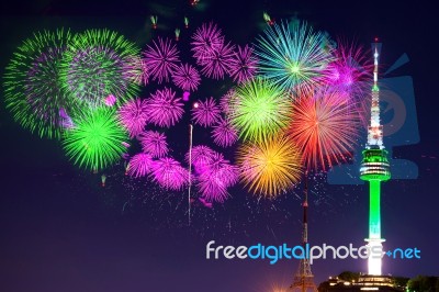 Seoul Tower And Firework Festival In Korea Stock Photo