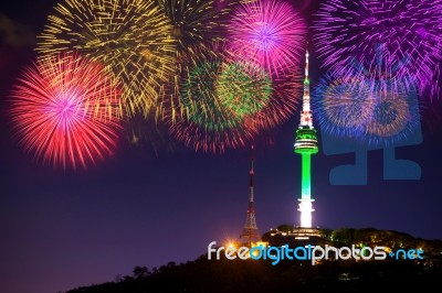 Seoul Tower And Firework In Korea Stock Photo