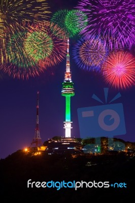 Seoul Tower And Firework In Korea Stock Photo