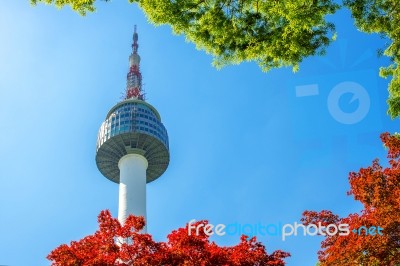 Seoul Tower And Red Autumn Maple Leaves At Namsan Mountain In South Korea Stock Photo