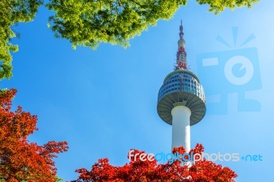 Seoul Tower And Red Autumn Maple Leaves At Namsan Mountain In South Korea Stock Photo