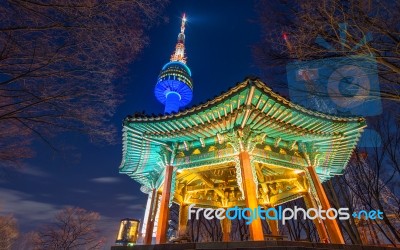 Seoul Tower At Night.namsan Mountain In Korea Stock Photo