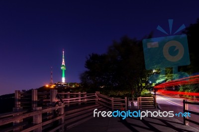 Seoul Tower At Night.namsan Mountain In Korea Stock Photo