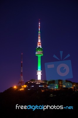 Seoul Tower At Night.namsan Mountain In Korea Stock Photo