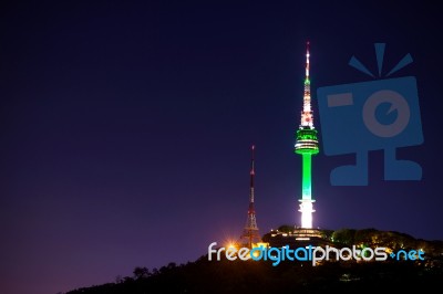 Seoul Tower At Night.namsan Mountain In Korea Stock Photo