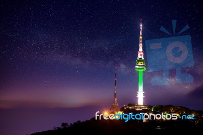 Seoul Tower With Milky Way At Night.namsan Mountain In Korea Stock Photo