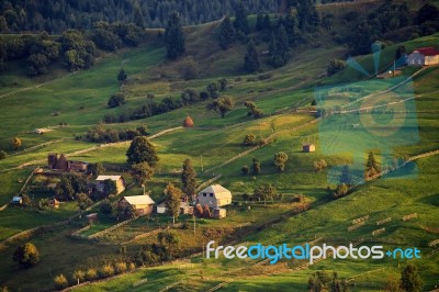 September Rural Scene In Mountains. Authentic Village And Fence Stock Photo