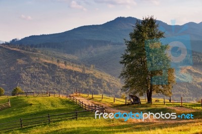 September Rural Scene In Mountains. Authentic Village And Fence Stock Photo