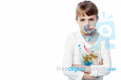 Serious Girl With Paint On Face Stock Photo