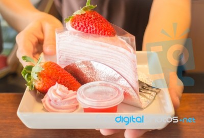 Serving Fresh Strawberry Crepe Cake Stock Photo