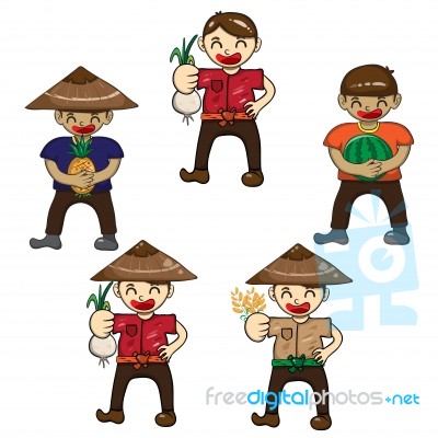 Set Cartoon Character Farmers With A Crop Of Vegetables And Fruit Stock Image