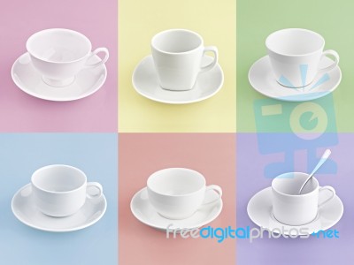 Set Of Different Cup Of Coffee On Many Color Background Stock Photo