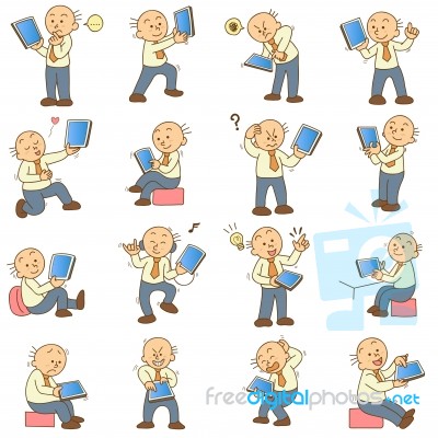 Set Of Funny Cartoon Man And Tablet Stock Image