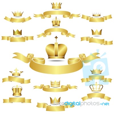 Set Of  Golden Crown With Curves Banner Stock Image