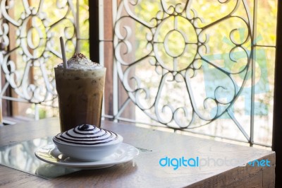 Set Of Iced Coffee And Banoffee Pie Stock Photo