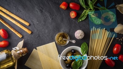 Set Of Italian Food On The Black Stone Table Stock Photo