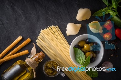 Set Of Italian Food On The Black Stone Table Top View Stock Photo