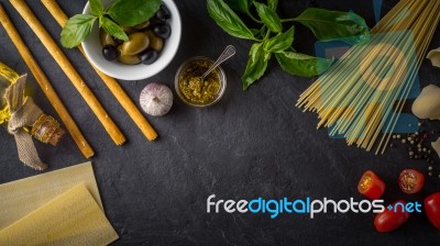 Set Of Italian Food On The Black Stone Table Wide Screen Stock Photo