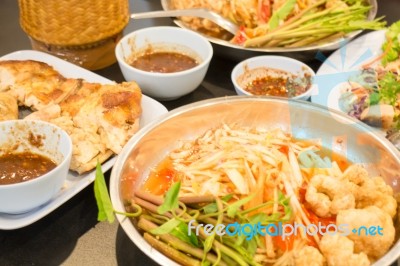 Set Of Papaya Spicy Salad Meal Stock Photo