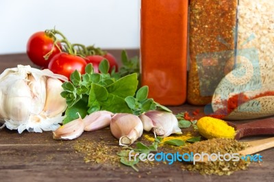 Set Of Spices And Fresh Herbs Stock Photo