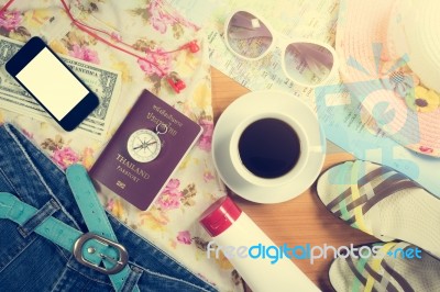 Set Of Travel Accessory Background Stock Photo