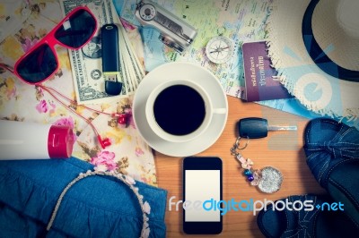 Set Of Travel Accessory Background Stock Photo