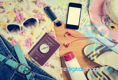 Set Of Travel Accessory Background Stock Photo