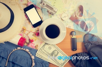 Set Of Travel Accessory Background Stock Photo