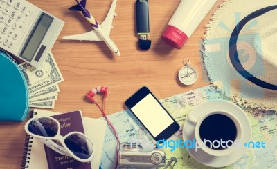 Set Of Travel Accessory Background Stock Photo