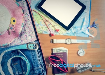 Set Of Travel Accessory Background Stock Photo