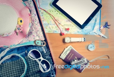 Set Of Travel Accessory Background Stock Photo