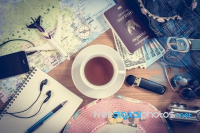 Set Of Travel Accessory On Wooden Background Stock Photo