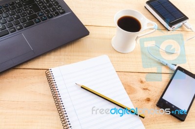 Set Office Objects For Self-employed Workers On Wooden Backgroun… Stock Photo