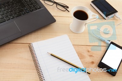 Set Office Objects For Self-employed Workers On Wooden Backgroun… Stock Photo