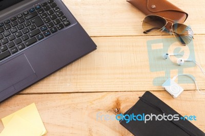 Set Office Objects For Self-employed Workers On Wooden Backgroun… Stock Photo