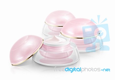 Several Pink Dome Cosmetic Jar On White Background Stock Photo