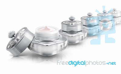 Several Silver Deluxe Cosmetic Jar On White Background Stock Photo