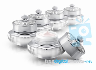 Several Silver Deluxe Cosmetic Jar On White Background Stock Photo