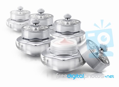 Several Silver Deluxe Cosmetic Jar On White Background Stock Photo