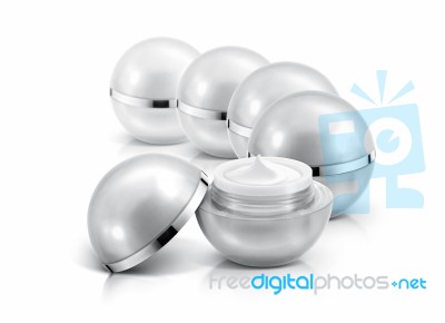 Several Silver Sphere Cosmetic Jar On White Background Stock Photo