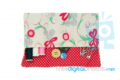 Sewing Kit In Handmade Bag Isolated On White Stock Photo