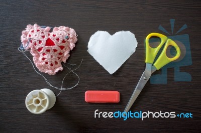 Sewing Kit On Wooden Background Stock Photo