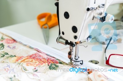 Sewing Machine And Fabric Closeup Stock Photo